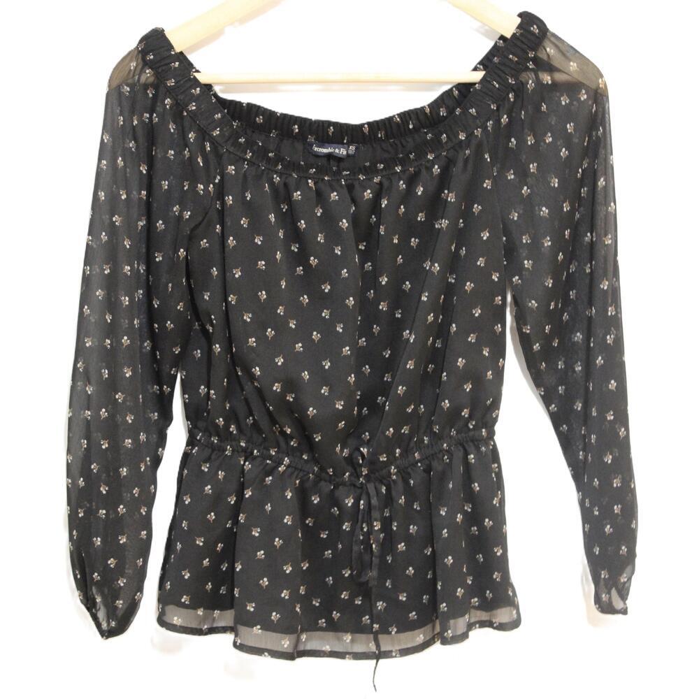 Abercrombie & Fitch Black Floral Drawstring Waist Long Sleeve Blouse Top Size XS